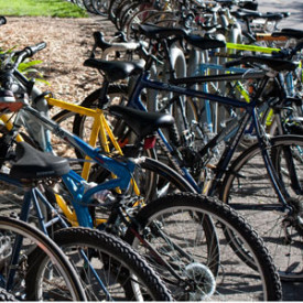 Row of bikes at Moffitt Library. (Photo by Kira Stoll)