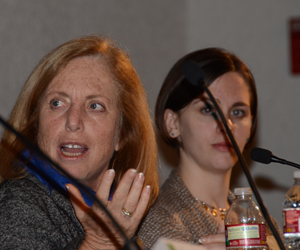 Ellen Konar (left), a social psychologist and chair of Mindset, speaks on panel about the technology industry, flanked by moderator Anna Goldstein