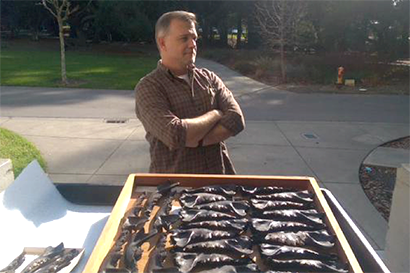 Student Eric Holt uses UV radiation from the sun to kill mold growing on some of the Campanile's dire wolf fossils. 