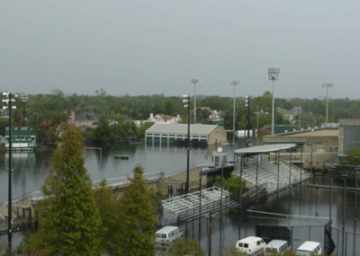 Tulane University's tennis courts and football practice fields after the levees broke. The school suffered more than $650 million in damages and losses from Katrina. (Photo courtesy of Tulane University)