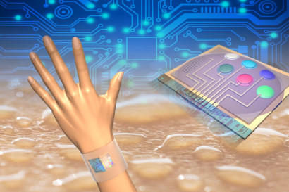 Wearable sensors measure skin temperature in addition to glucose, lactate, sodium and potassium in sweat. Integrated circuits analyze the data and transmit the information wirelessly to a mobile phone. (Image by Der-Hsien Lien and Hiroki Ota, UC Berkeley)