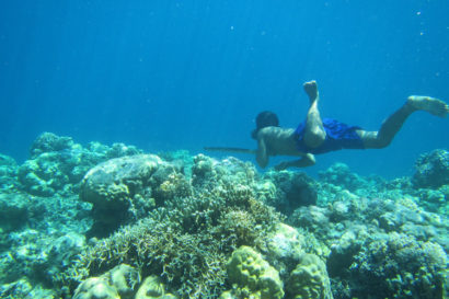 Bajau diver swimming near coral reef
