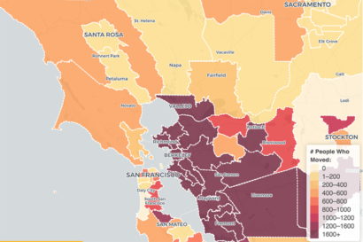 Dark purple areas of Alameda County show where 1,600 people or more moved out, one-third of them out of state and two-thirds to another part of California. (Urban Displacement Project map)