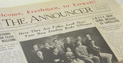 A Lowell High School newspaper story introducing newly elected student leaders includes "Pat" Brown, seated at the right end of the front row. Photo by UC Berkeley Public Affairs.