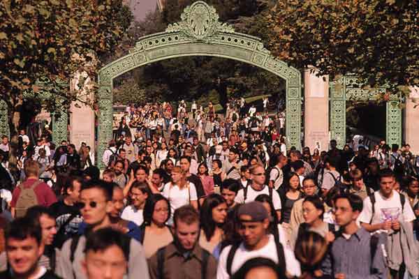 Hundreds of students walk near Sather Gate