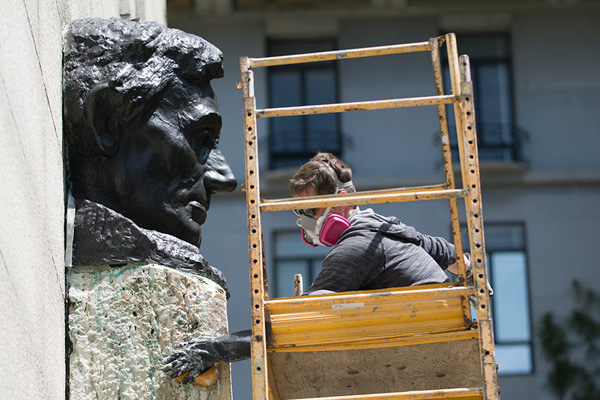 bust of Abraham Lincoln being cleaned
