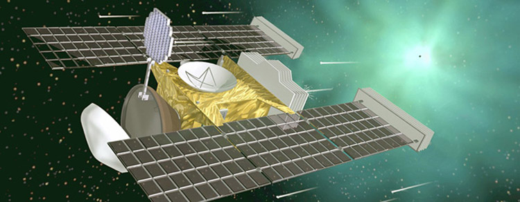 NASA's Stardust spacecraft, which collected comet and interstellar dust in 2004 and later delivered the tennis-racket shaped dust collectors to Earth via parachute. Courtesy NASA.