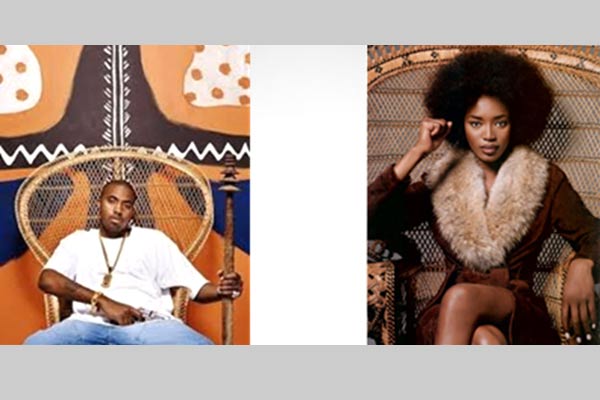 Rapper and supermodel, each pictured in large wicker chair