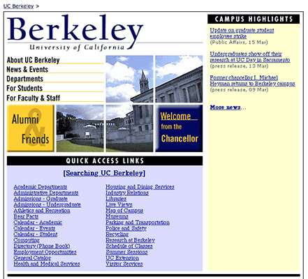 Screenshot of UC Berkeley homepage 1997-2000