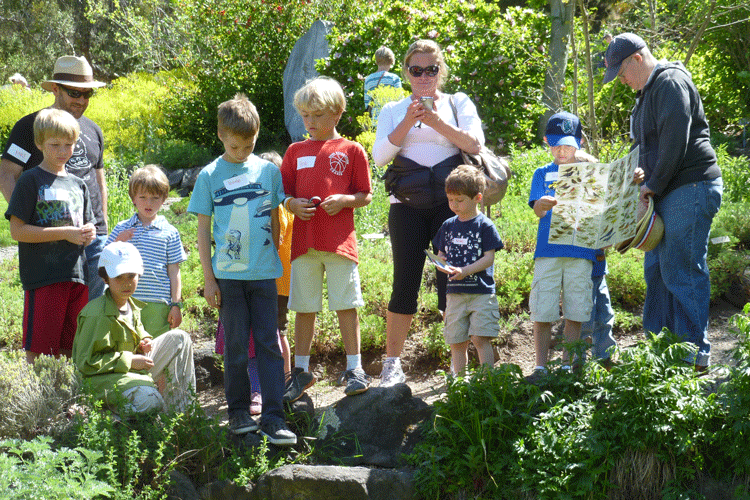 Children along a garden creek