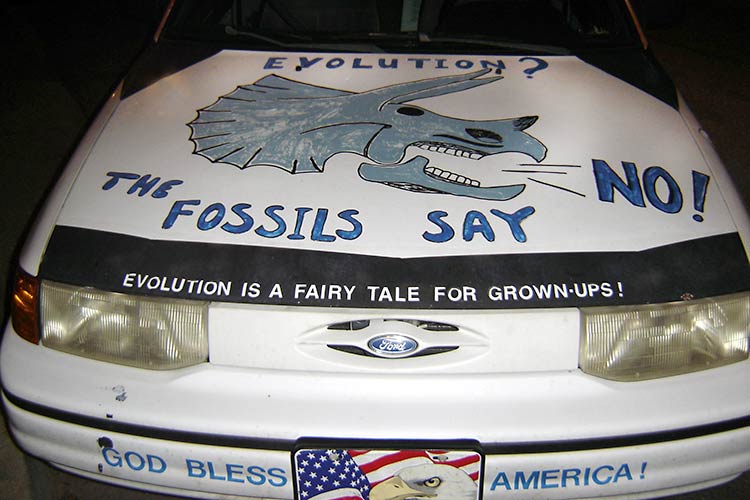 car decorated with creationist slogans