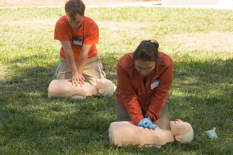 Practicing CPR on dummies