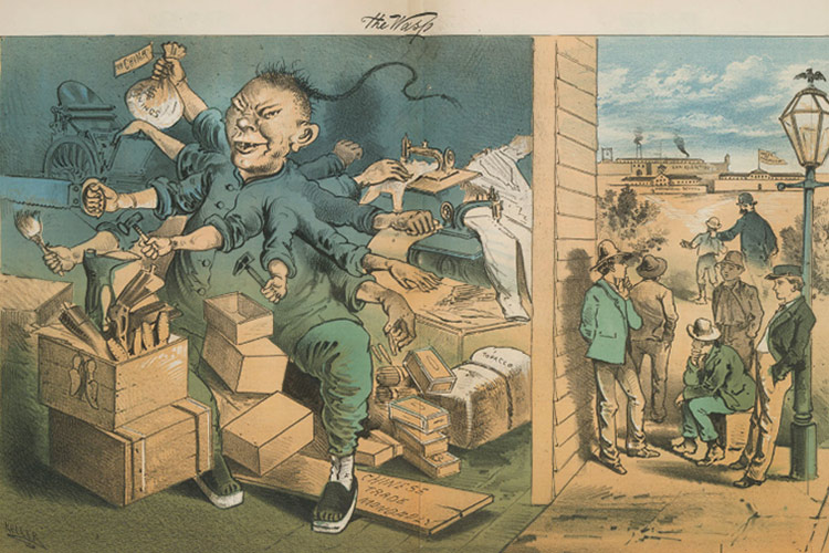 cartoon of many-handed Chinese worker