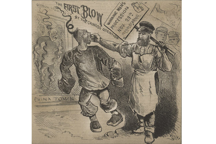 1877 cartoon contrasting hyper-masculine white worker with Chinese immigrant