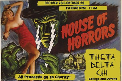 An advertisement for the house of horrors which features a white women on the left wearing a red dress and posed in fear of a green apparition attempting to grab her with its green hands. There is text on the top that reads "October 28 and October 29, Evening 8 to 11 PM."