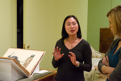 Patricia J. Yu, one of the student co-curators, discussed natural history materials selected to display. (Photo by Julie Wolf.)