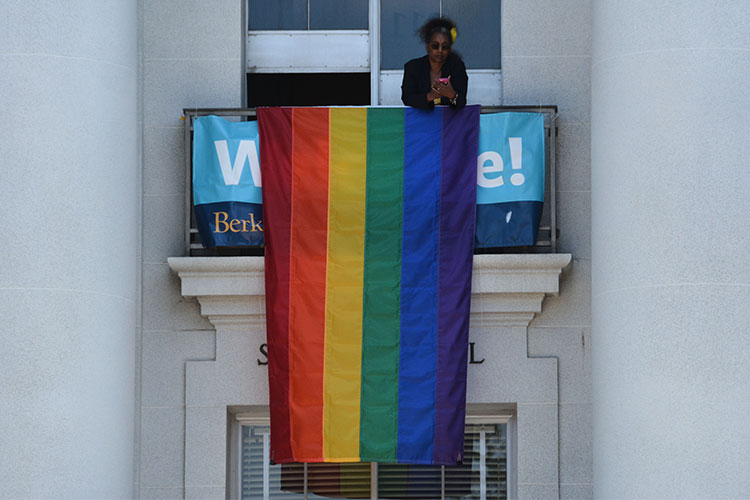 rainbow flag on Sproul Hall balcony