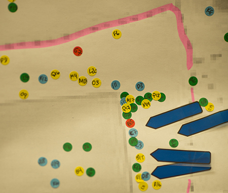 A map in the squirrel lab at Tolman Hall shows where squirrels in Delgado's study have buried nuts.