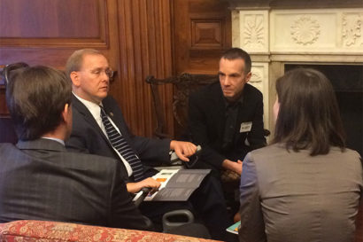 Center for Long-Term Cybersecurity leaders Steven Weber (upper right) and Betsy Cooper (lower right) discussed their recommendations for the Trump administration with Rep. James Langevin, D-RI (upper left). Langevin belongs to the House Armed Services and Homeland Security committees.