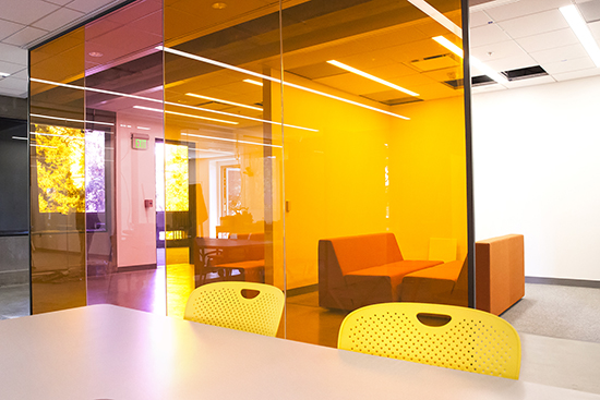Colored, writeable glass and bright, movable furniture are key features of the new space. (UC Berkeley photo by Brittany Hosea-Small)