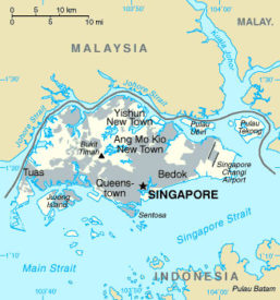 The map above shows Singapore and outline of Singapore and its surrounding islands and waterways.
