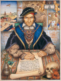 A painting of a man sitting at a table in a medieval robe and hat and writing with a quill on a scroll