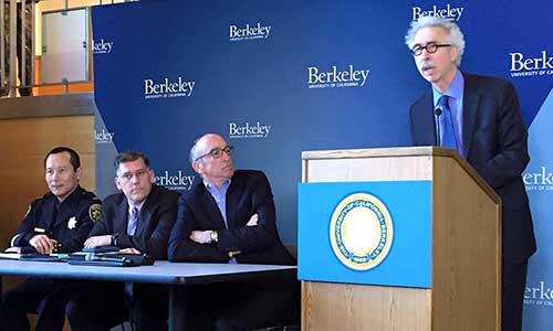 Chancellor Dirks, Alex Yao, Stephen Sutton, Dan Mogulof at news conference