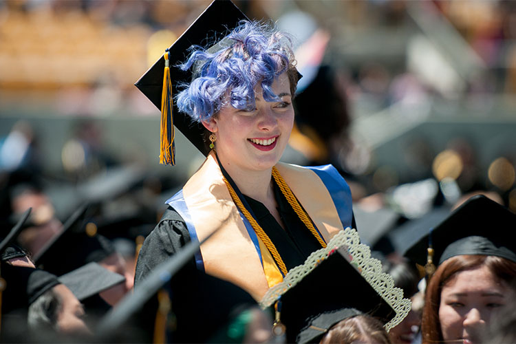 grad with blue hair