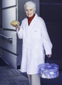 Marian Diamond with brain and hatbox