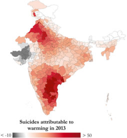 Map of India showing areas with highest rates of suicide from 1980 to 2013.