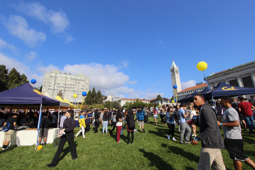 Students gathered on Memorial Glade near tents and booths at UC Berkeley for orientation.