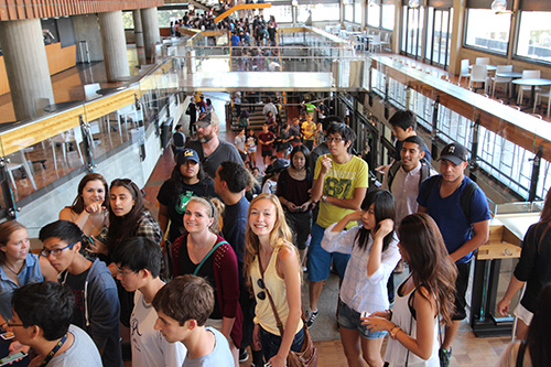 A large group of students gathered inside Zellerbach Hall for the Bear Pact presentation at UC Berkeley.