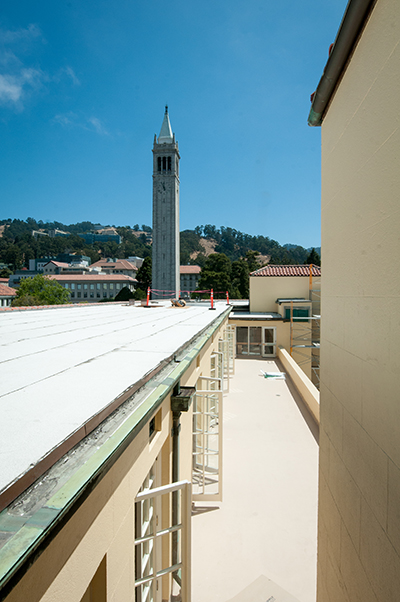 Refurbished French dormer deck doors overlooking South Hall at UC Berkeley, designed by architect John Galen Howard.