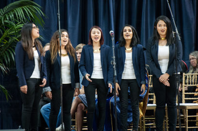 a cappella group performing "Hail to California"