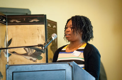 Crystal Carter, a sophomore at UC Berkeley, speaks to the crowd about Richmond Promise. (UC Berkeley photo by Keegan Houser)