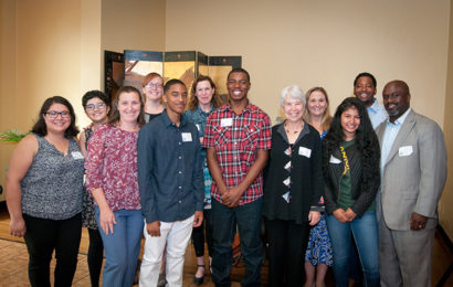 Chancellor Carol Christ poses with group of YPLAN students, professors and mentors. (UC Berkeley photo by Keegan Houser)