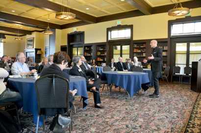 Arthur Brooks, president of the American Enterprise Institute, talks with UC Berkeley administrators about how the competition of ideas can reunite the country. (UC Berkeley photo by Hulda Nelson)