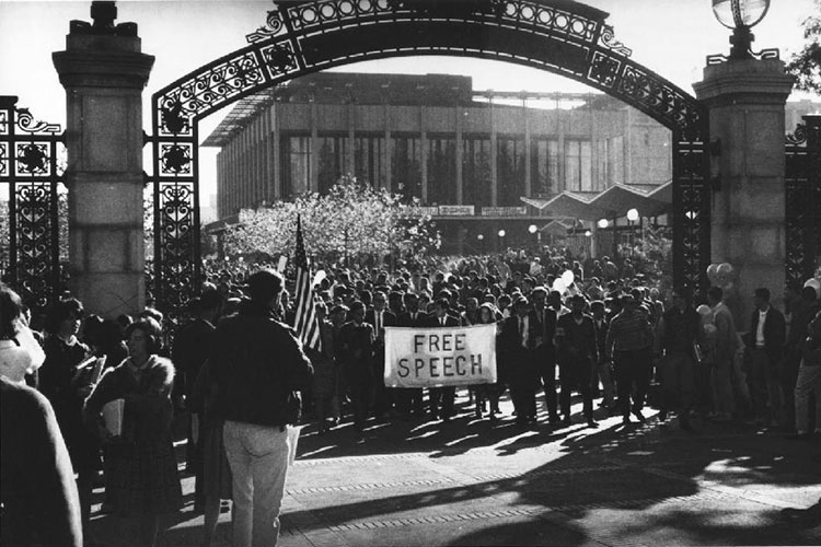 old photo of free speech protest at Sather Gate