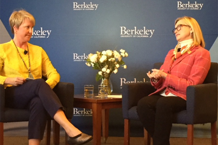 Campus Financial Officer Rosemarie Rae speaks with Associate Vice Chancellor Diana Harvey during a Campus Conversation event. (UC Berkeley photo by Hulda Nelson)