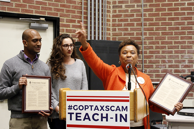 UC Berkeley graduate students Vetri Velan and Kathy Shield stand with Representative Barbara Lee while being honored for their work organizing graduate students. (Photos courtesy office of Congresswoman Barbara Lee)