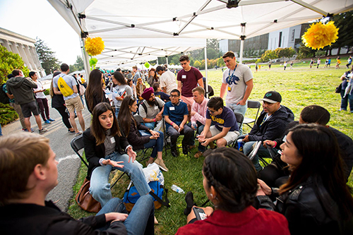 Students gather under a canopy at Golden Bear Orientation for a transfer student mixer.