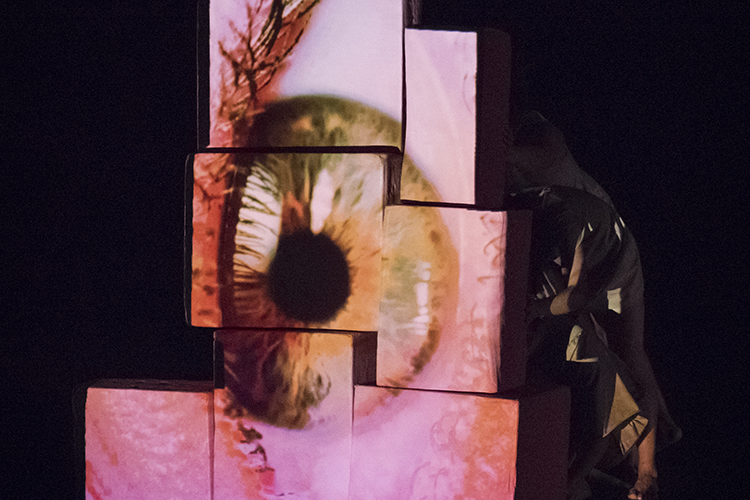 Dancers perform Bone Worrier by Katie Faulkner. An eye is projected onto stacked cubes with a performer partially hidden behind them.