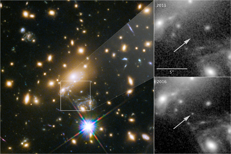massive galaxy cluster magnifies distant star more than 2000 times