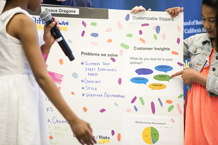 Asha Glenn left), 9, and Lily Mendoza-Pena, 9, present their business plan for new slippers.