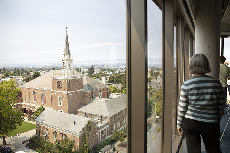 Views of the neighboring buildings can be seen from a study lounge on the eighth floor during a tour of Blackwell Hall at UC Berkeley on Monday, July 30, 2018.