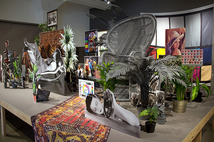 Installation view of Syjuco's "Neutral Calibration (Ornament + Crime)," to be exhibited along with the chroma key garment collection, "The Visible Invisible," at the Smithsonian American Musueum's Renwick Gallery in Washington. D.C. 