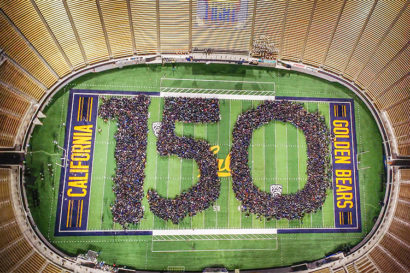 thousands of new students form a giant "150" on the field of the California Memorial Stadium