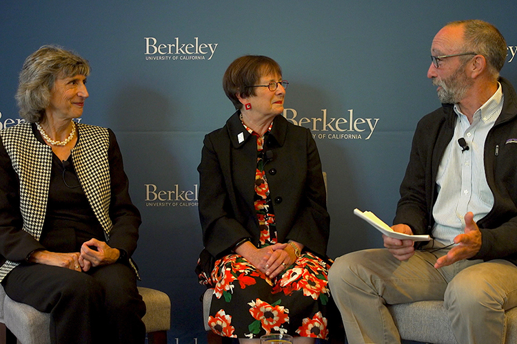 Cathy Koshland and Fiona Doyle speak to Dan Mogulof during a Campus Conversation event