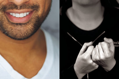 a split image — one side has the lower part of a man's face with a nice smile and the other has a woman's hands using sign language