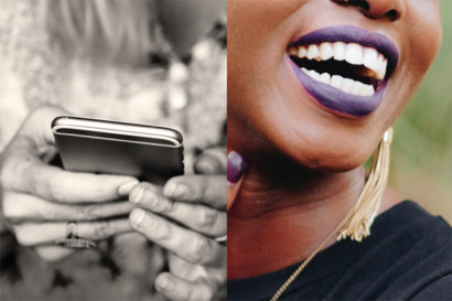 a split photo — one side shows hands using a phone and the other side has a woman smiling